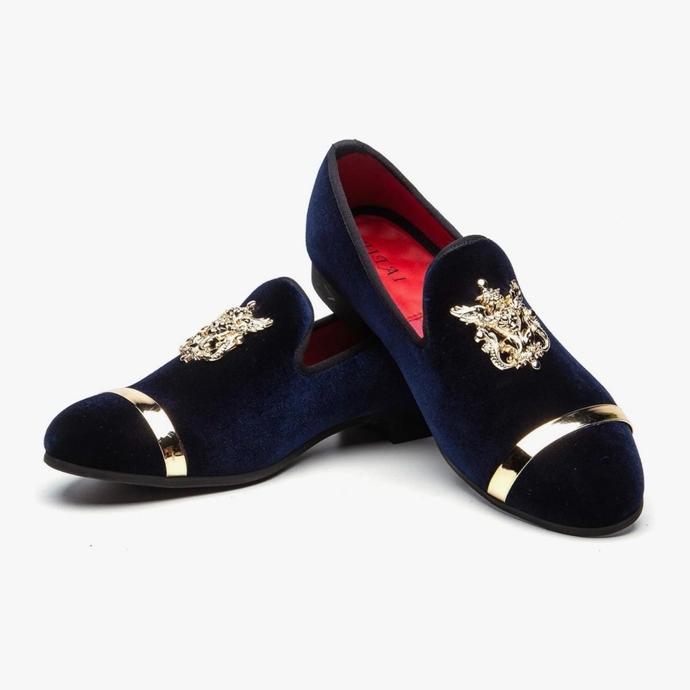 JiTai Navy Velvet Penny Slip On Loafers with Gold Accents
